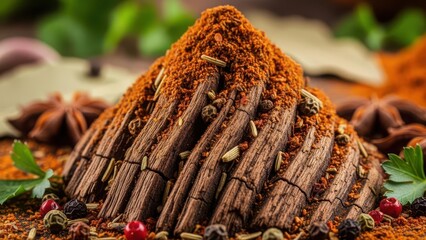 A conical mound of rich red paprika spice surrounded by star anise and other aromatic herbs and spices