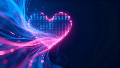 Digital Heart Shape Formed by Glowing Streams of Binary Code and Data in Deep Blue Background