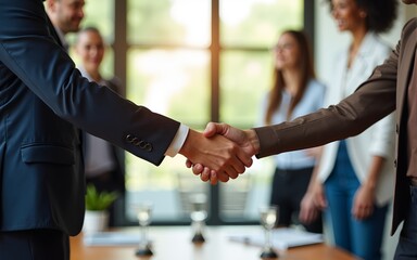 Close up of business people shaking hands over ESG strategic commitment workshop, SDGs report, global warming, green finance investment eco friendly and net zero waste in boardroom training building.
