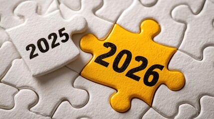 A yellow puzzle piece with the number 2026 fits into a white puzzle with the number 2025