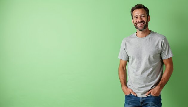 Bearded man smiles. Mature male in a casual tee shirt poses against light green backdrop. Confident person looks at camera. Positive emotions, friendly demeanor with copy space at left side.