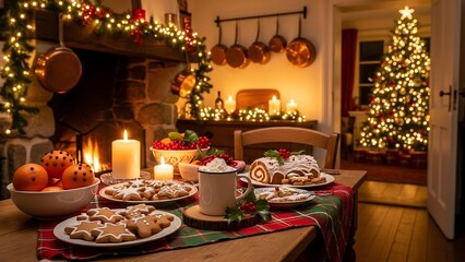 Festive Christmas Dinner Table Setting with Tree and Fireplace.