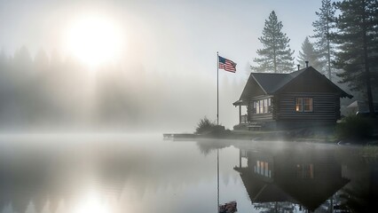 Obraz premium Misty Morning at the Lake - Cabin, Flag, and Reflections.