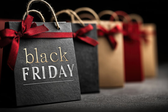 black friday sale banner with shopping bags and red ribbon 