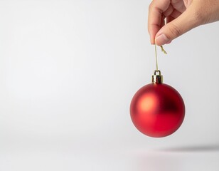 Hand holding a vibrant red Christmas bauble, symbolizing holiday cheer and festive decoration against a clean white backdrop