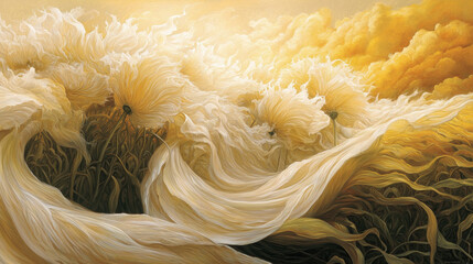 Abstract Golden Yellow Cloudscape with White Flowing Textures Illuminated by Bright Sunlight Warmth and Energy