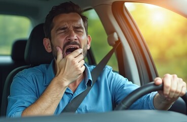 Bearded man yawns widely driving automobile. Driver feels tired, sleepy at wheel, struggling with fatigue on road. Risks accident from exhaustion during daily commute, needs rest to avoid danger.