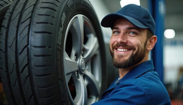 Young pro mechanic smiles brightly next to new car tires on rims. Auto service technician wears blue uniform and cap in a modern repair shop. He is ready for vehicle tire change, wheel maintenance. - Powered by Adobe