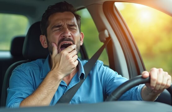 Bearded man yawns widely driving automobile. Driver feels tired, sleepy at wheel, struggling with fatigue on road. Risks accident from exhaustion during daily commute, needs rest to avoid danger.