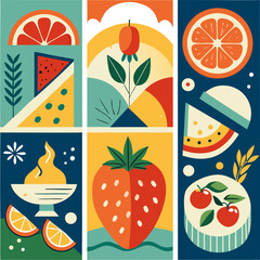 Hand drawn food posters for the kitchen. Abstract prints with pizza, lemon, tomato, cheese, Italian pasta, seafood. Dolce vita aesthetics