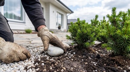 Landscaper arranging decorative white stones and gravel in a modern garden