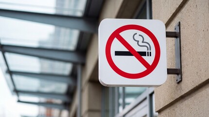 A no smoking sign hanging on the exterior of a modern building