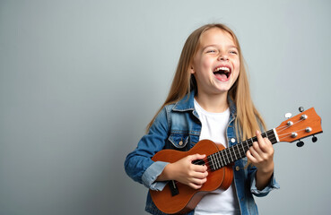 Fototapeta premium Happy girl plays ukulele and sings a song. Cute kid with blond hair learns music. Female child enjoys musical instrument. Young artist poses with guitar on gray background laughs loud.