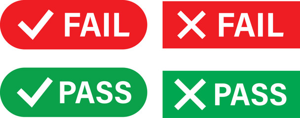 Prpass fail icon set, Passed and Failed Status Buttons, Green check mark and red cross icons symbol, Approve and reject web interface element vector illustration,
int