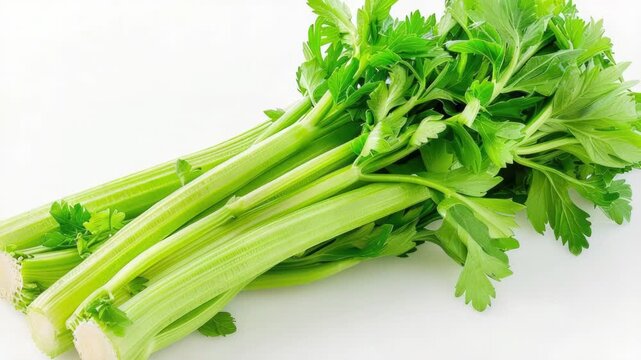 Video A fresh celery bunch placed on a clean white surface, ideal for food and recipes