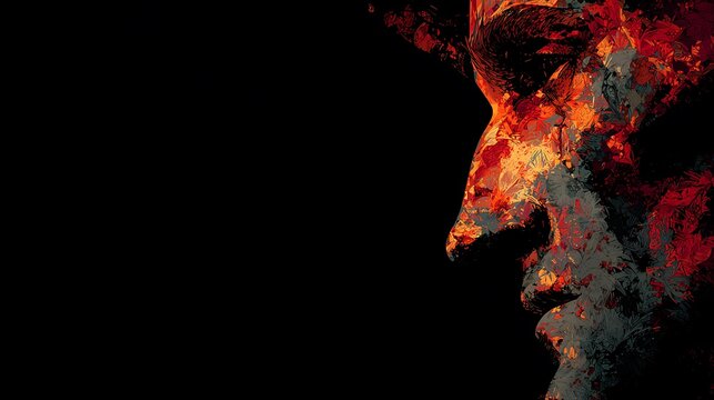 Abstract Human Face Profile with Fiery Brushstrokes on Photo Black stock lucifer