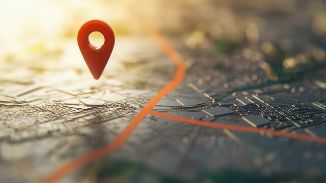 Video A close-up view of a map with a pin marking a specific location