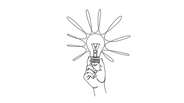 animated continuous line drawing of hand holding glowing light bulb, idea and inspiration concept line art animation