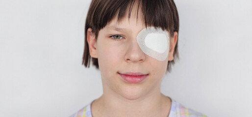 Young child with an eye patch poses for a portrait