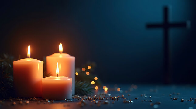 Three candles burning with cross background for christmas or advent season