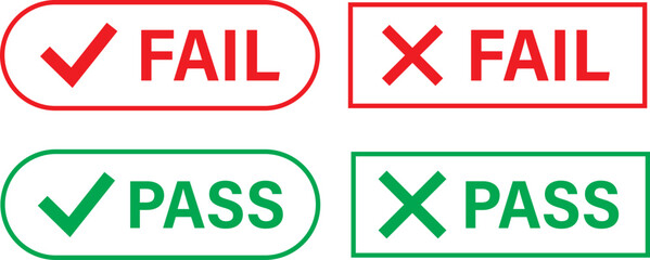 Prpass fail icon set, Passed and Failed Status Buttons, Green check mark and red cross icons symbol, Approve and reject web interface element vector illustration,
int