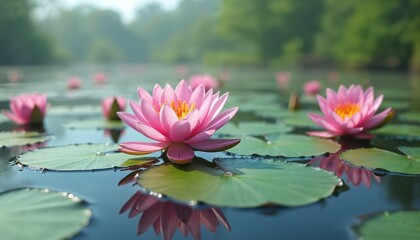 Pink water lilies float on calm pond water surrounded by green lily pads. Soft light illuminates the serene aquatic garden. Nature beauty unfolds in tranquil wetland scenery.