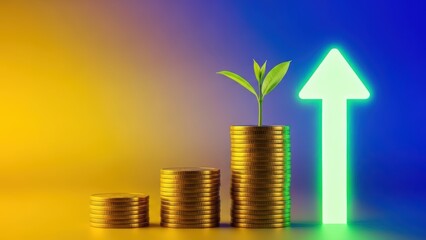 Stacks of gold coins with a green plant growing and an upward arrow. Financial growth and investment concept for business success.
