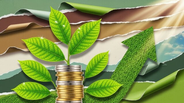 Green leaves growing from coin stack with upward grass arrow. Financial growth and investment concept. Economic sustainability and savings.