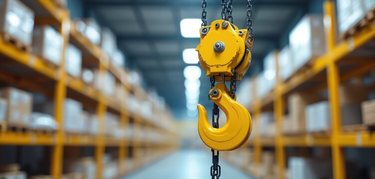 Bright yellow crane hook assembly hangs from ceiling on strong metal chains. Robust industrial lifting equipment essential for moving heavy items efficiently. Operates within modern busy warehouse