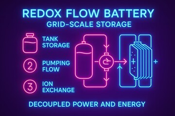 Redox Flow Battery Infographic with Liquid Electrolyte Storage for Grid-Scale Renewable Energy
