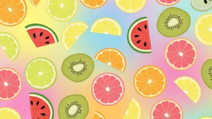 A colorful background filled with various fruit slices including watermelon and citrus fruits scattered around