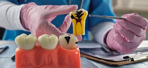 Dental professional demonstrates tooth structure and cavity during consultation