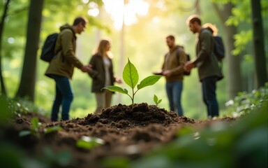 Eco-conscious teams collaborate to nurture the green business forest, fostering growth and sustainability through teamwork and cooperation in a shared mission of environmental preservation.