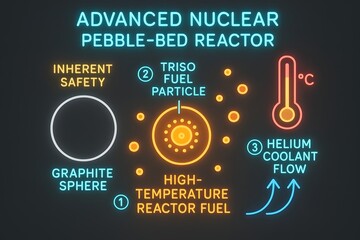 Neon Pebble Bed Reactor Infographic with Advanced Nuclear Design for Safe Power Generation
