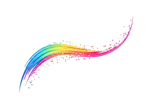 Abstract Rainbow Swirl Brush Stroke with Glitter Particles Floating on Black Background