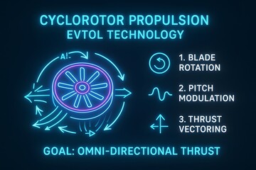 Cyclorotor Propulsion Infographic with Vertical Lift Technology for Advanced Aircraft and Drones
