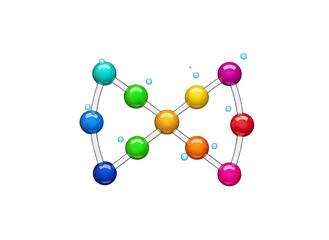Abstract representation of DNA molecule with colorful spheres connected by white lines on black background 3D render scientific concept illustration