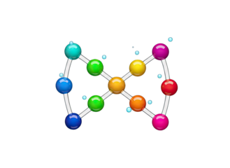 Abstract representation of DNA molecule with colorful spheres connected by white lines on black background 3D render scientific concept illustration