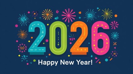 Happy New Year 2026 Celebration with Colorful Fireworks.