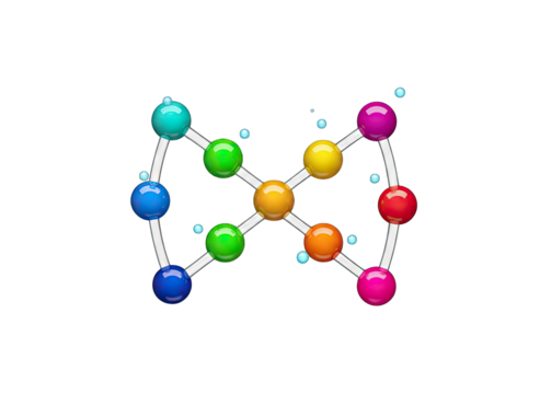 Abstract representation of DNA molecule with colorful spheres connected by white lines on black background 3D render scientific concept illustration
