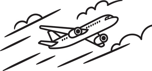 Hand Drawn Airplane Flying Through Clouds and Streaks Keywords: airplane, aircraft, plane, flying