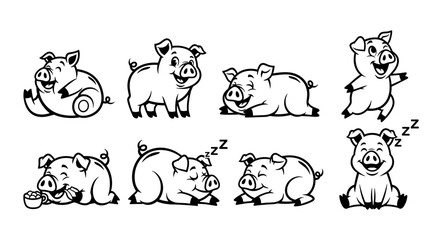 Collection of Cute Cartoon Pigs in Various Poses and Activities.