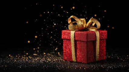 Sparkling red gift box with gold ribbon for valentine's day celebration