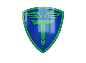 Abstract Shield Emblem with Green and Blue T Symbol Isolated on Black Background with Metallic Green Trim
