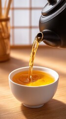 Close-up of hand tilting a black-lacquered teapot, matcha stream flowing into a white bowl, steam curling upward, minimalist Japanese kitchen with bamboo accents and soft shoji reflection, cinematic