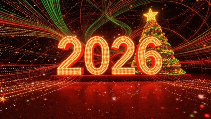 Festive christmas 2026 celebration with illuminated tree and sparkling lights