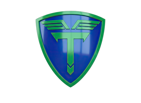 Abstract Shield Emblem with Green and Blue T Symbol Isolated on Black Background with Metallic Green Trim