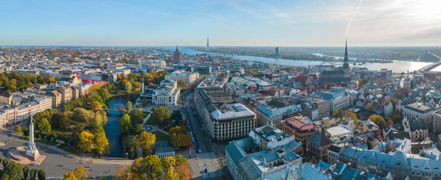 Riga, Latvia &ndash; Aerial view of the city center with the boulevard ring and Old Town (Vecriga) on a sunny autumn day