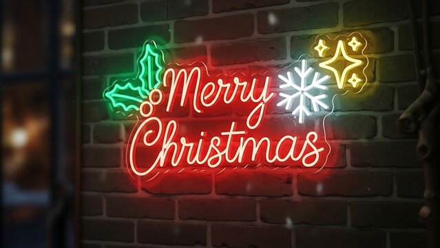 Festive Merry Christmas Neon Sign on Brick Wall.