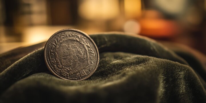 Ancient ottoman turkish coin resting on soft green velvet